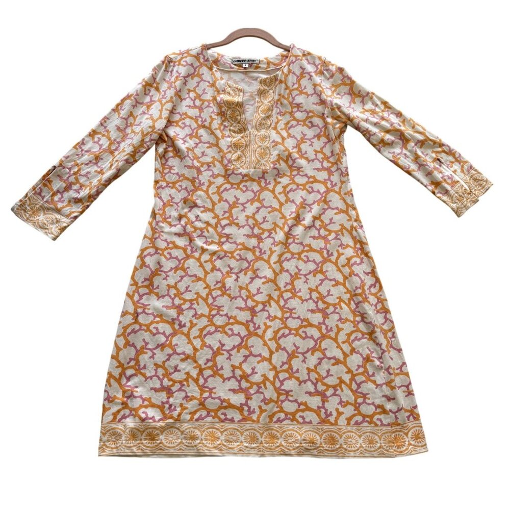 Barbara Gerwit Womens Tunic Dress Orange Purple Coral Print L 3/4 Sleeve Beachy